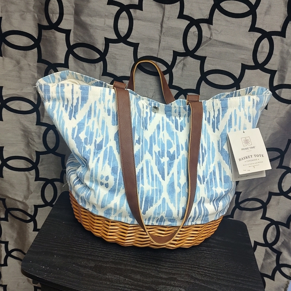 SOLD Picnic Time Basket Tote Blue Beach Canvas Willow Bag! - Picture 4 of 16